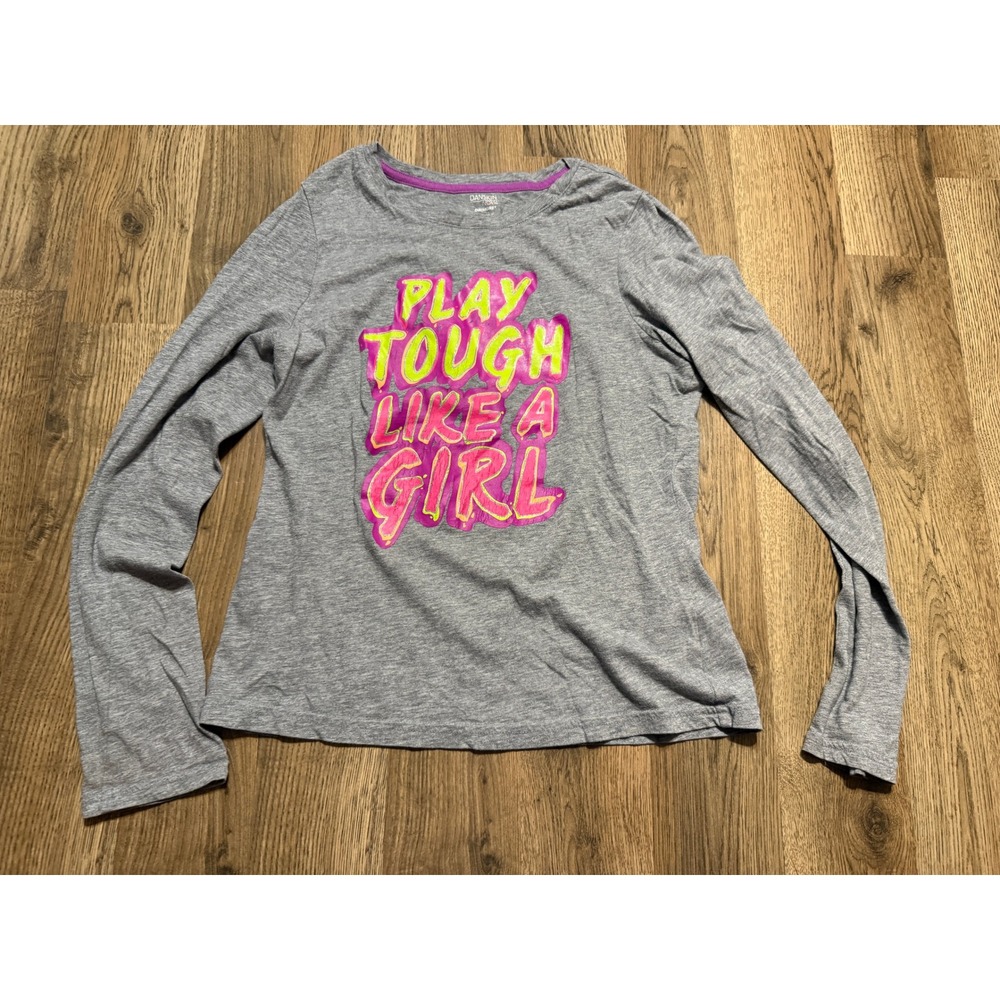 Danskin Now Graphic Tee Girls XL 14-16 Gray Youth Play Tough Like A Girl